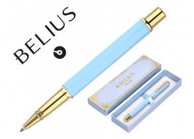 Boligrafo belius macaron bliss forma hexagonal color celeste y dorado tinta azul caja de diseño