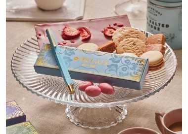 Boligrafo belius macaron bliss forma hexagonal color celeste y dorado tinta azul caja de diseño