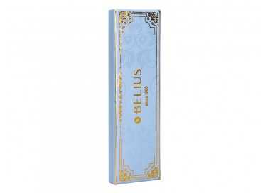 Boligrafo belius macaron bliss forma hexagonal color celeste y dorado tinta azul caja de diseño