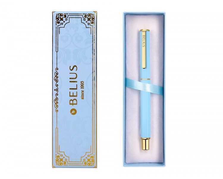 Boligrafo belius macaron bliss forma hexagonal color celeste y dorado tinta azul caja de diseño