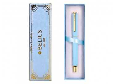 Boligrafo belius macaron bliss forma hexagonal color celeste y dorado tinta azul caja de diseño