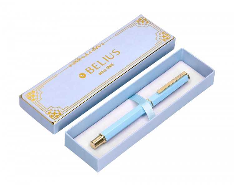Boligrafo belius macaron bliss forma hexagonal color celeste y dorado tinta azul caja de diseño