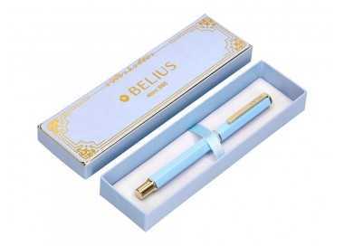Boligrafo belius macaron bliss forma hexagonal color celeste y dorado tinta azul caja de diseño