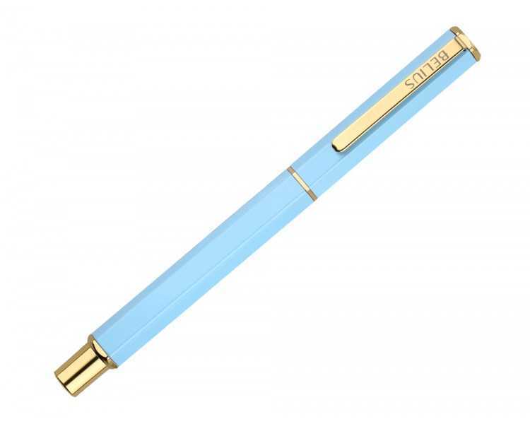 Boligrafo belius macaron bliss forma hexagonal color celeste y dorado tinta azul caja de diseño