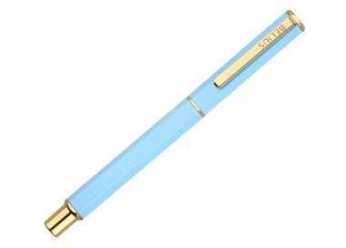 Boligrafo belius macaron bliss forma hexagonal color celeste y dorado tinta azul caja de diseño