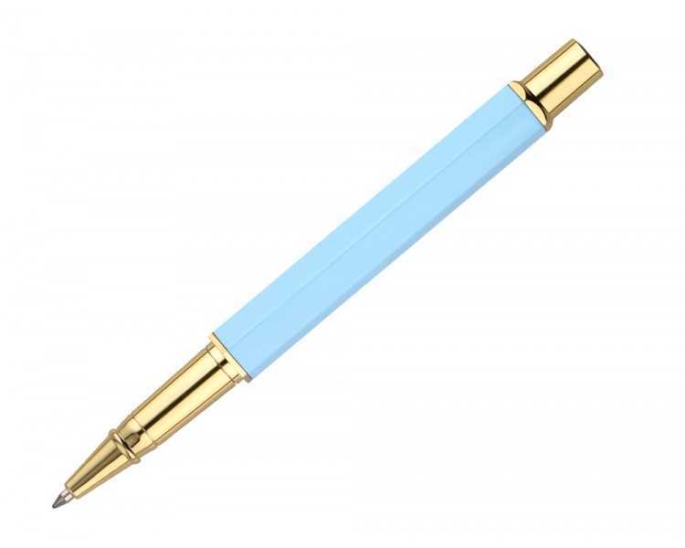 Boligrafo belius macaron bliss forma hexagonal color celeste y dorado tinta azul caja de diseño