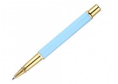 Boligrafo belius macaron bliss forma hexagonal color celeste y dorado tinta azul caja de diseño