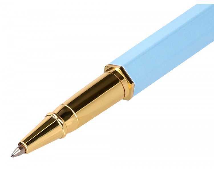 Boligrafo belius macaron bliss forma hexagonal color celeste y dorado tinta azul caja de diseño