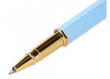 Boligrafo belius macaron bliss forma hexagonal color celeste y dorado tinta azul caja de diseño