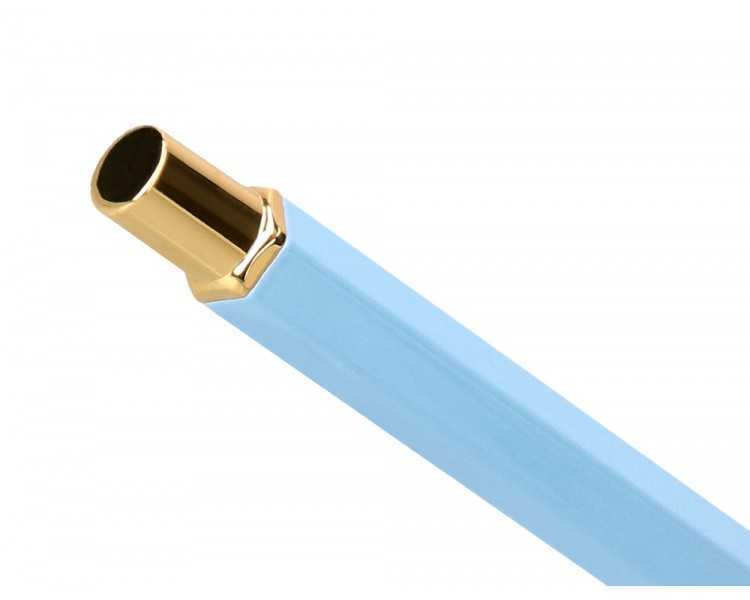 Boligrafo belius macaron bliss forma hexagonal color celeste y dorado tinta azul caja de diseño