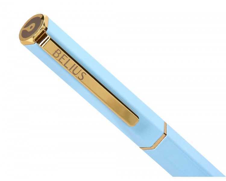 Boligrafo belius macaron bliss forma hexagonal color celeste y dorado tinta azul caja de diseño