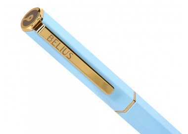 Boligrafo belius macaron bliss forma hexagonal color celeste y dorado tinta azul caja de diseño