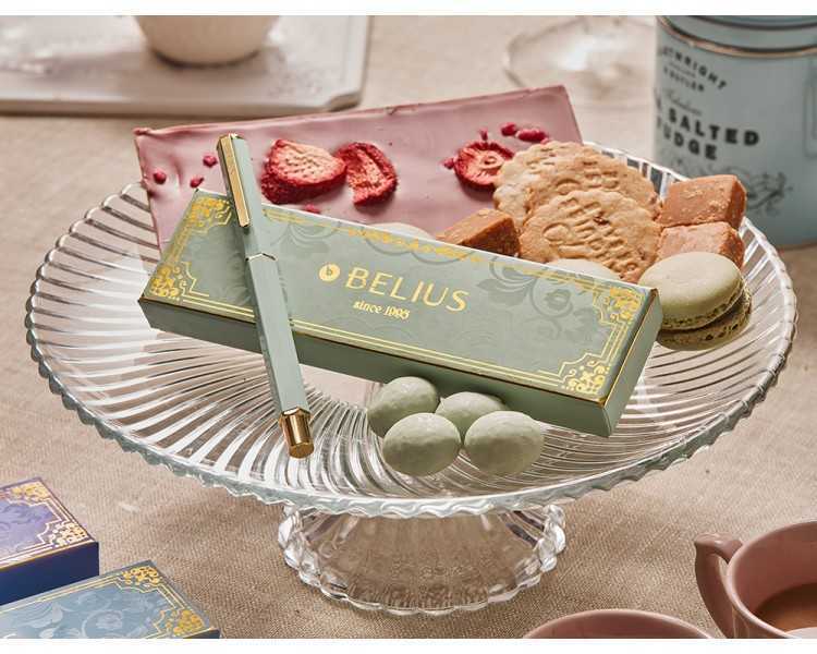 Boligrafo belius macaron bliss forma hexagonal color verde dorado tinta azul caja de diseño