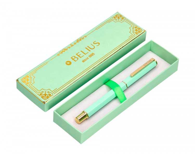 Boligrafo belius macaron bliss forma hexagonal color verde dorado tinta azul caja de diseño