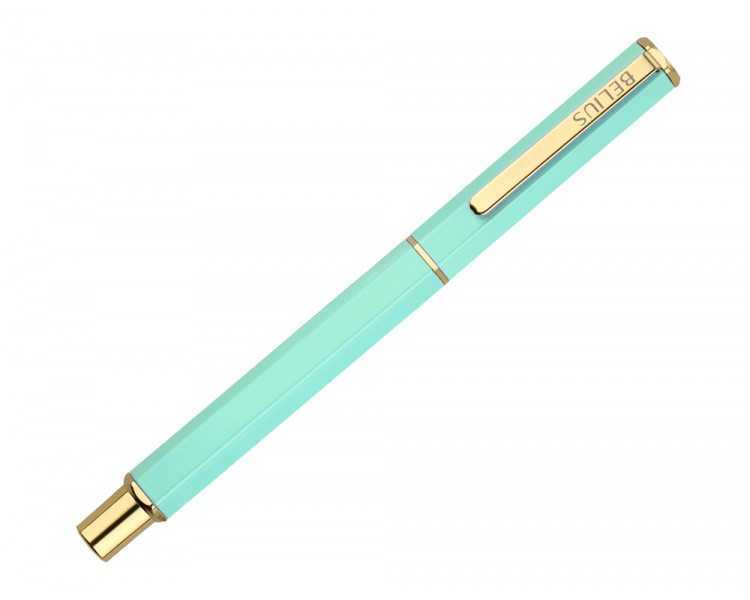 Boligrafo belius macaron bliss forma hexagonal color verde dorado tinta azul caja de diseño
