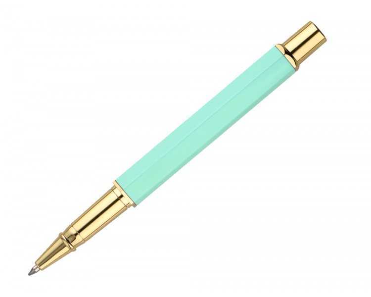 Boligrafo belius macaron bliss forma hexagonal color verde dorado tinta azul caja de diseño