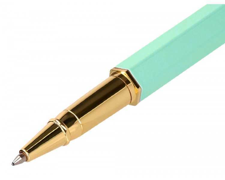 Boligrafo belius macaron bliss forma hexagonal color verde dorado tinta azul caja de diseño
