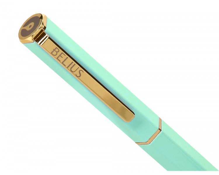 Boligrafo belius macaron bliss forma hexagonal color verde dorado tinta azul caja de diseño