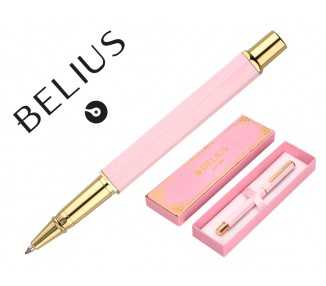 Boligrafo belius macaron bliss forma hexagonal color rosa y dorado tinta azul caja de diseño