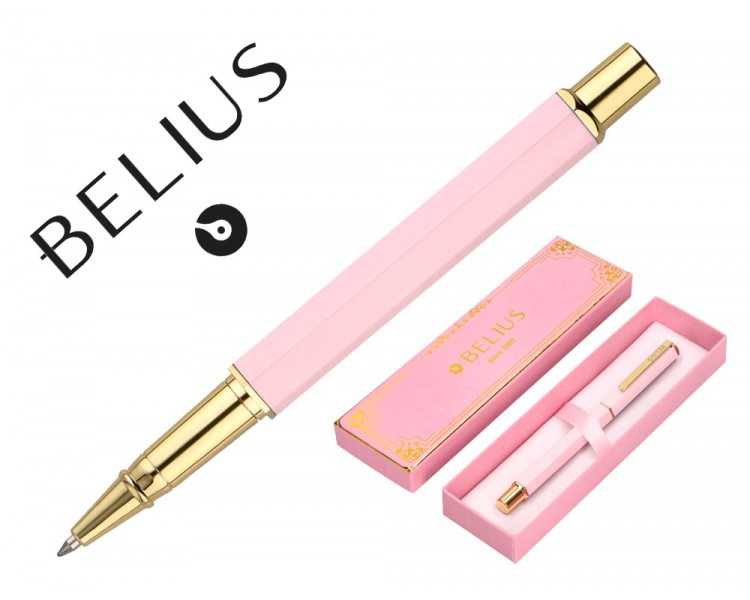 Boligrafo belius macaron bliss forma hexagonal color rosa y dorado tinta azul caja de diseño