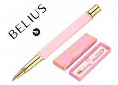 Boligrafo belius macaron bliss forma hexagonal color rosa y dorado tinta azul caja de diseño