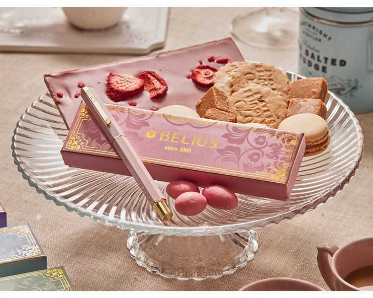 Boligrafo belius macaron bliss forma hexagonal color rosa y dorado tinta azul caja de diseño