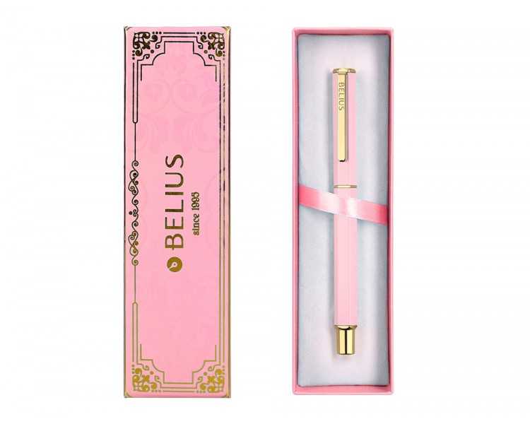 Boligrafo belius macaron bliss forma hexagonal color rosa y dorado tinta azul caja de diseño