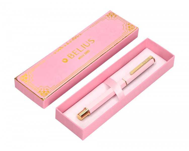 Boligrafo belius macaron bliss forma hexagonal color rosa y dorado tinta azul caja de diseño