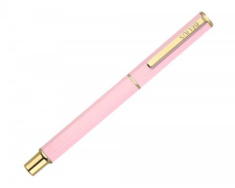 Boligrafo belius macaron bliss forma hexagonal color rosa y dorado tinta azul caja de diseño