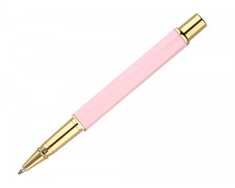 Boligrafo belius macaron bliss forma hexagonal color rosa y dorado tinta azul caja de diseño