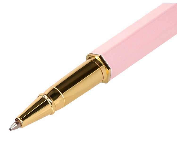 Boligrafo belius macaron bliss forma hexagonal color rosa y dorado tinta azul caja de diseño