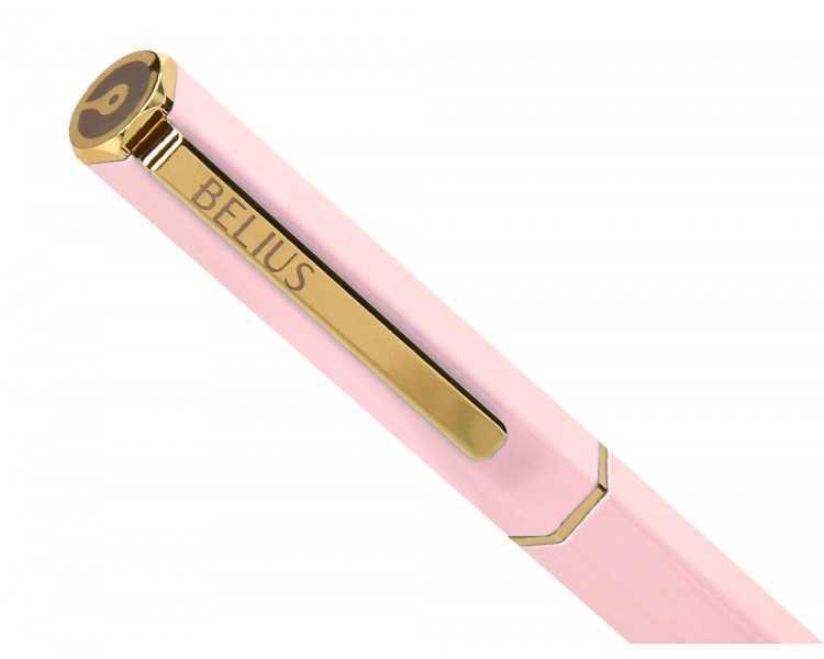Boligrafo belius macaron bliss forma hexagonal color rosa y dorado tinta azul caja de diseño