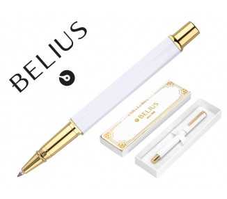 Boligrafo belius macaron bliss forma hexagonal color blanco y dorado tinta azul caja de diseño