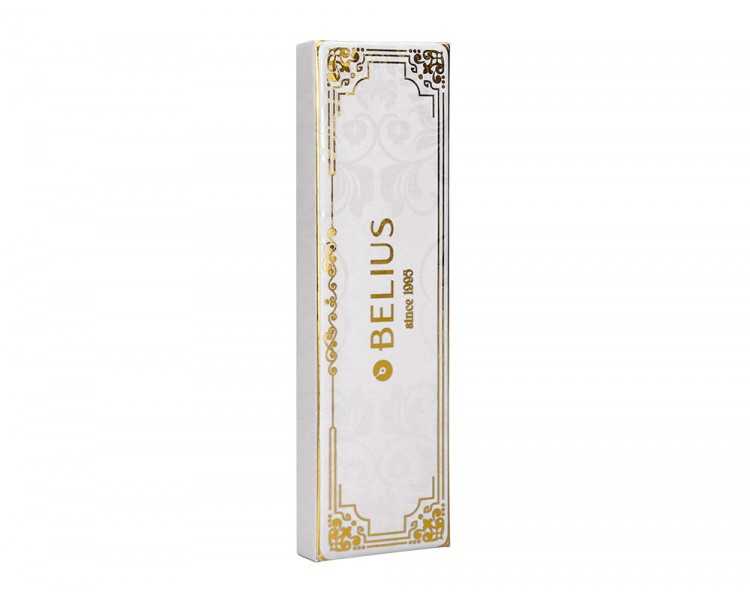 Boligrafo belius macaron bliss forma hexagonal color blanco y dorado tinta azul caja de diseño