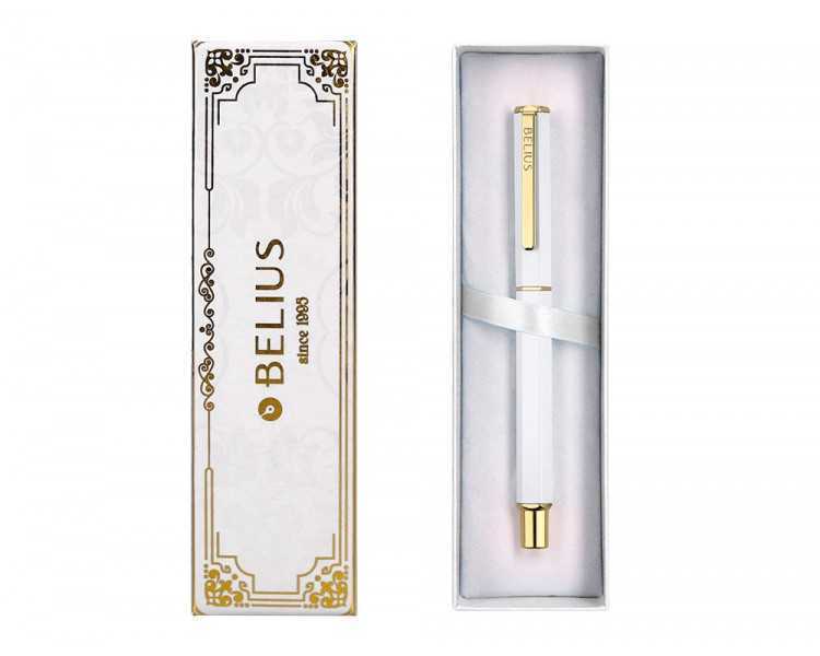 Boligrafo belius macaron bliss forma hexagonal color blanco y dorado tinta azul caja de diseño