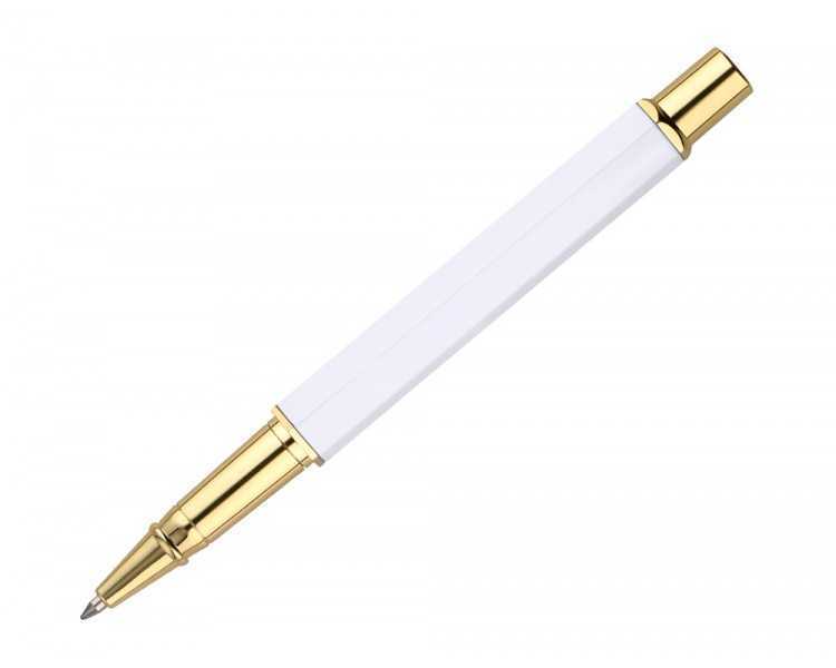 Boligrafo belius macaron bliss forma hexagonal color blanco y dorado tinta azul caja de diseño