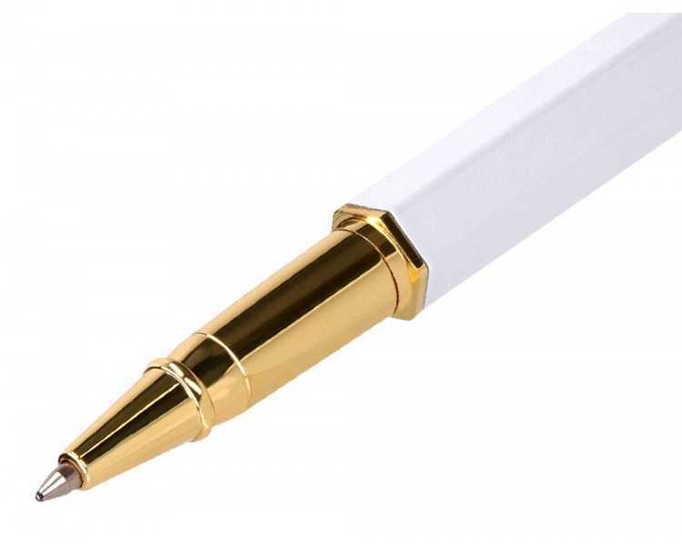 Boligrafo belius macaron bliss forma hexagonal color blanco y dorado tinta azul caja de diseño