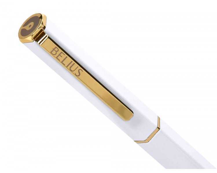 Boligrafo belius macaron bliss forma hexagonal color blanco y dorado tinta azul caja de diseño