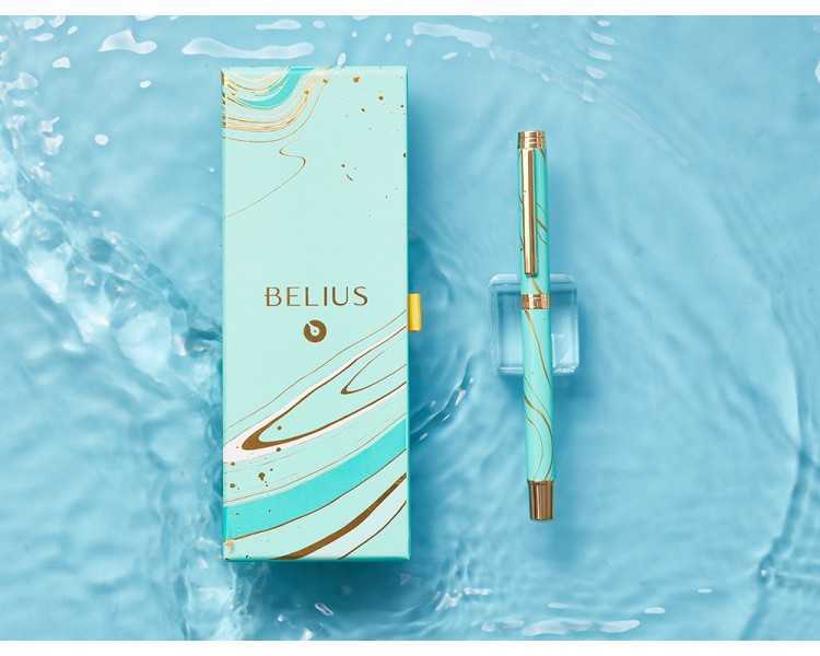 Roller belius aqua aluminio color turquesa y dorado tinta negra caja de diseño