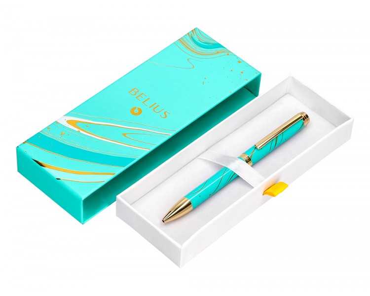 Boligrafo belius aqua aluminio color turquesa y dorado tinta azul caja de diseño