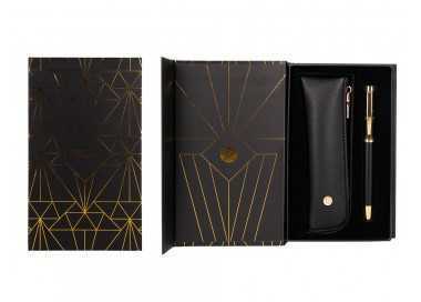 Boligrafo y estuche belius soiree color negro y dorado tinta azul caja de diseño