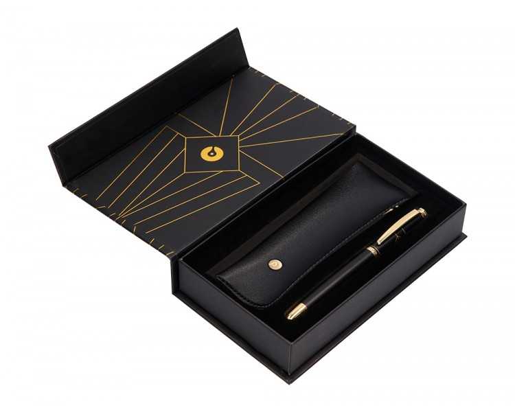 Boligrafo y estuche belius soiree color negro y dorado tinta azul caja de diseño