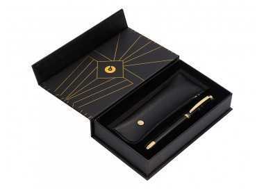 Boligrafo y estuche belius soiree color negro y dorado tinta azul caja de diseño