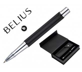Roller y estuche belius turbo aluminio textura punteada negro plateado tinta azul caja de diseño