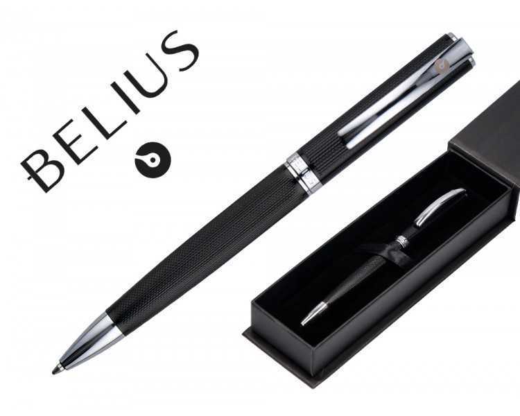 Boligrafo belius turbo aluminio textura punteada color negro y plateado tinta azul caja de diseño