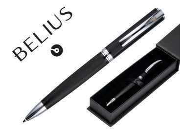 Boligrafo belius turbo aluminio textura punteada color negro y plateado tinta azul caja de diseño