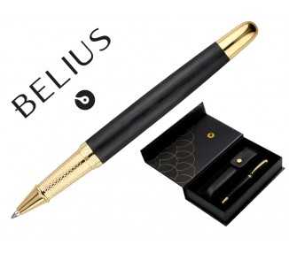 Boligrafo y estuche belius passion dor aluminio textura cepillada color negro y dorado tinta azul caja diseño