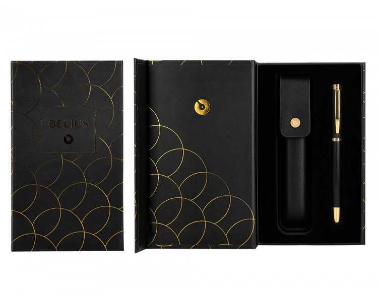 Pluma y estuche cuero belius passion dor aluminio textura cepillada color negro y dorado tinta azul caja diseño