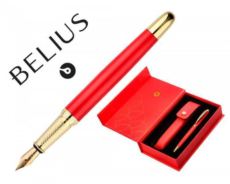 Pluma y estuche cuero belius passion dor aluminio textura cepillada color rojo y dorado tinta azul caja de diseño