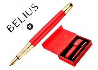 Pluma y estuche cuero belius passion dor aluminio textura cepillada color rojo y dorado tinta azul caja de diseño